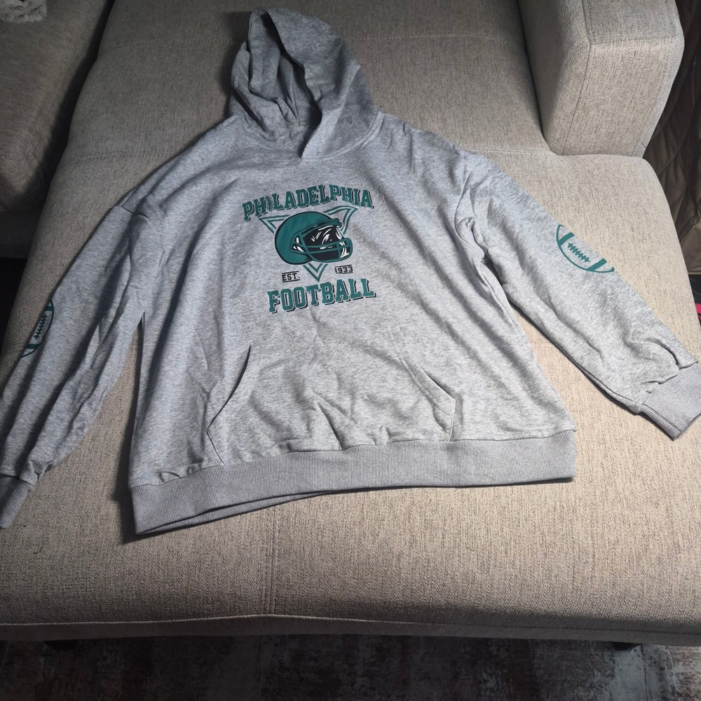 Philadelphia Football Hoodie Gray Teal Helmet Graphic Pullover Sweatshirt Womens